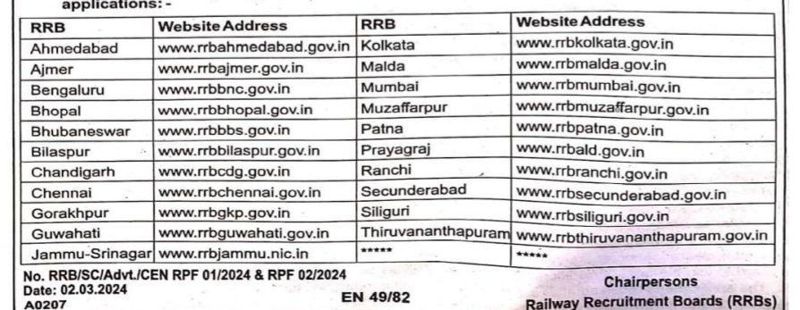 RRB SI and constable application link 