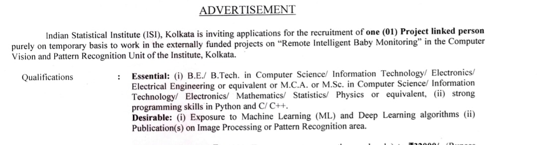 Indian Statistical Institute Project Link Junior Research Post education qualification details.